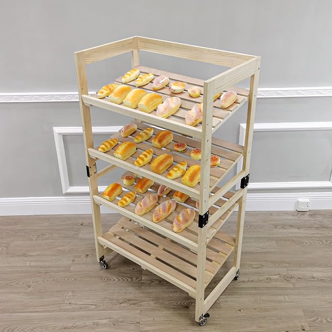 FixtureDisplays® 4-Tier Bakery Bread Rack with Angled Shelves Wooden Display Rack Bread Store Rack 30X18X55 101143