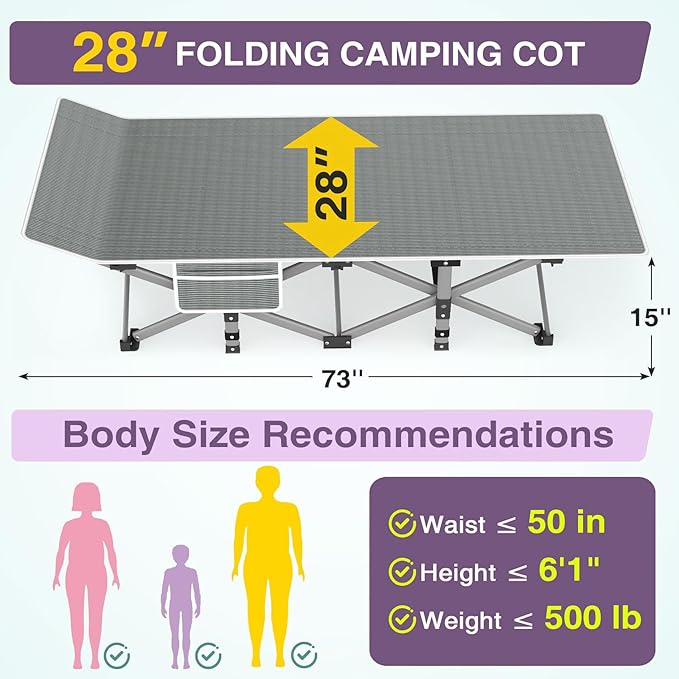 ZENPETIO 28In Folding Camping Cot for Adult Portable Sleeping Cot with Mattress Outdoor Heavy Duty Cot Bed for Camp with Carry Bag for Home Office Camp Travel Vacation(Max Loading 500lbs)