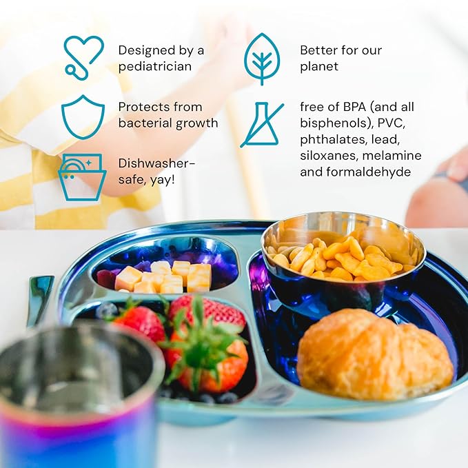 Ahimsa Stainless Steel Kids Dinnerware Set Pediatrician Designed 5 Piece Toddler Plates and Bowls Set Stainless Steel Divided Plate Cup and Kids Utensils Blue