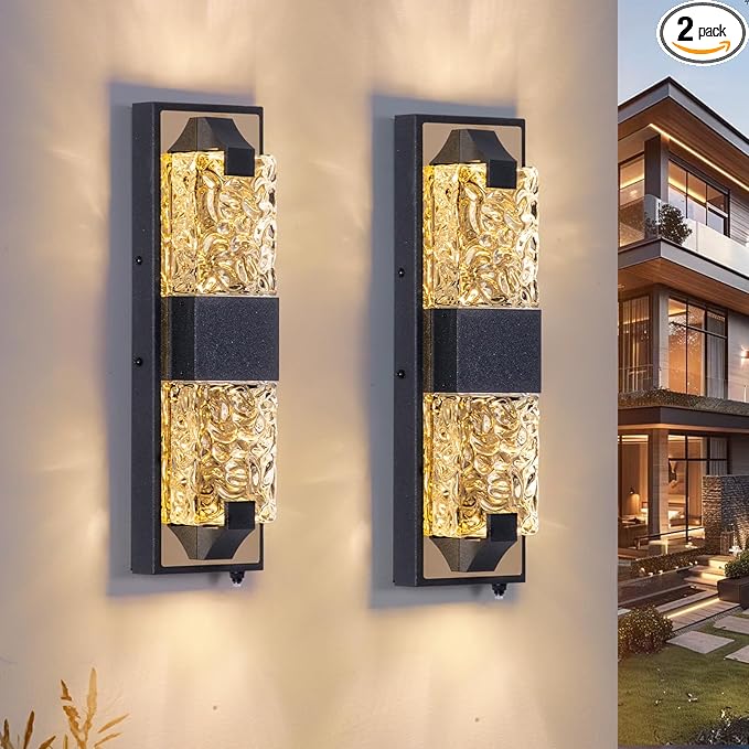 HITTO Porch Lights Outdoor Dusk to Dawn Outdoor Lighting 15.6'' Outdoor Wall Sconce IP65 Waterproof LED Exterior Lamp Ripple Crystal Glass Black&ampGold Modern Porch Light for House Front Door 2