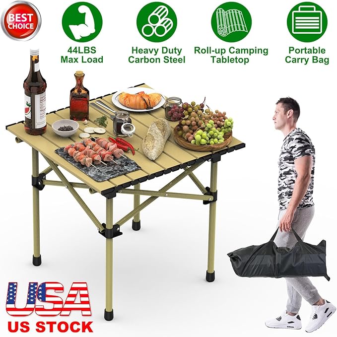 Camping Table Folding CTable Portable Lightweight Carbon Steel Roll-up Picnic BBQ Desk with Carry Bag Heavy Duty for Outdoor Beach Backyard Party Patio Camping Hiking BBQ Picnic Fishing/Small
