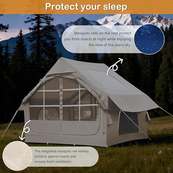 Inflatable Tents with Hand Pump Hot Tent with Stove Jack Easy Blow Up Glamping Tent with Mesh Windows 4-6 Person Instant Family Camping Tents Waterproof for 4 Seasons