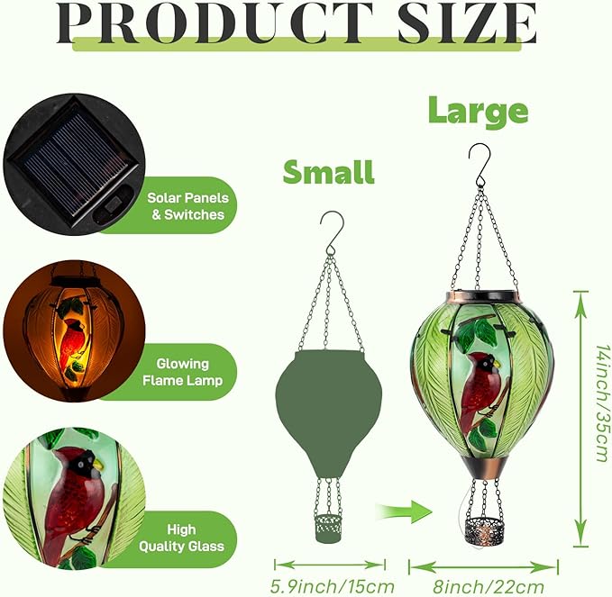 Large Hot Air Balloon Cardinal Solar Lantern Lights with Flame Green Glass Balloon Lantern Waterproof Outdoor Decor for Garden Yard Patio Birthday Mother's Day Gifts for Moms Women