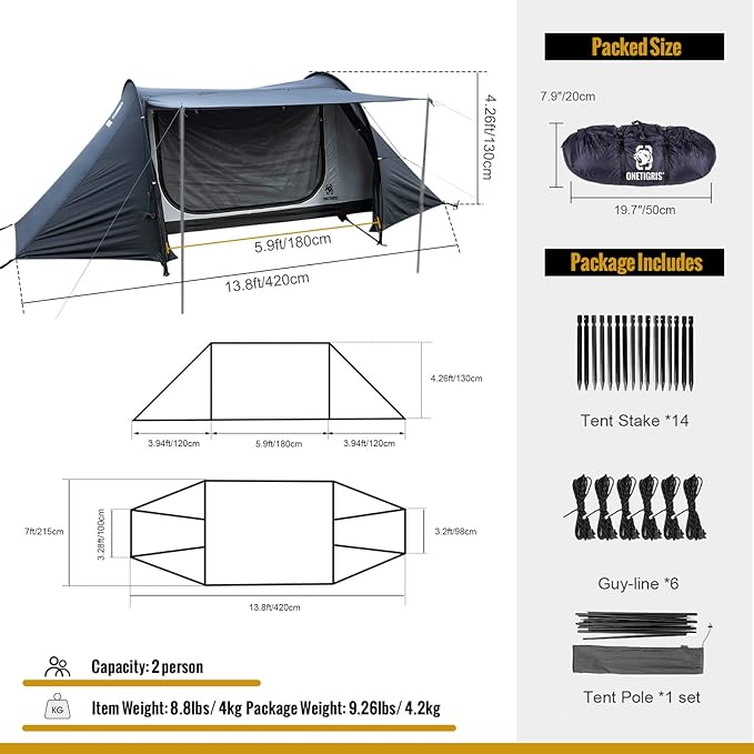 OneTigris COMETA Camping Tent Detachable Inner Mesh Tent &amp Portable Carry Bag Included Easy Setup Waterproof Windproof Tunnel Tent for Outdoors Camping Canoeing Beach Travel Picnic