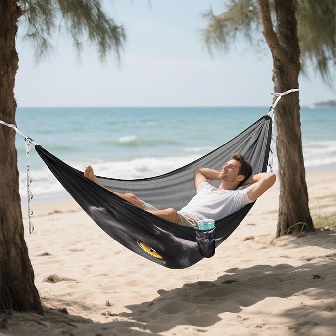 Black Cat Pattern Camping Hammock 330 lbs with 2 Tree Straps Carry Bag Single Portable Hammock for Outdoor/Indoor Hiking Beach Backpacking Travel