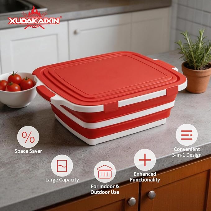 Collapsible BBQ Prep Tub for Meal Prep MarinatingFood Storage picnics camping barbecuescutting fruits and vegetables - Includes Cutting Board and Locking Lid(X-Large) Red