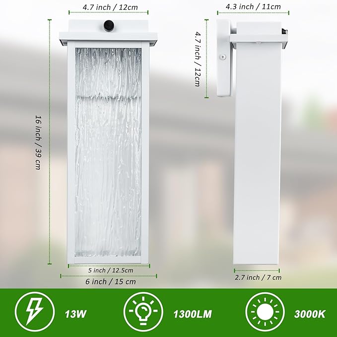 White LED Dusk to Dawn Outdoor Lighting 2 Packs 16 Large Outside Farmhouse Wall Lantern Industrial Porch Wall Mount Light Fixture with Rippled Glass Waterproof Modern Exterior Sconce Lamp