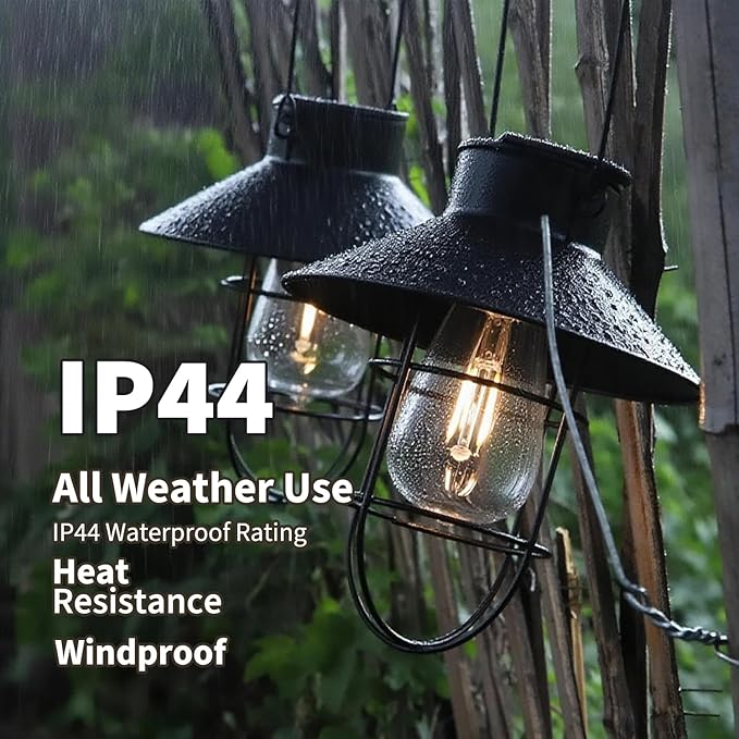 2 Pack Solar Lantern Hanging Waterproof Outdoor Metal Solar Lamp with Wall Hooks Warm White Light Decorate for Yard Garden Pathway Patio Porch Decor (Black)