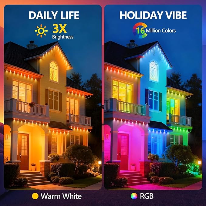 Permanent Outdoor LightsSmart Eave Light RGB Color-Changing LED House Lighting with App &amp Remote Christmas Light Effects IP67 Weatherproof Outdoor Lights for Holidays &amp Christmas Decoration
