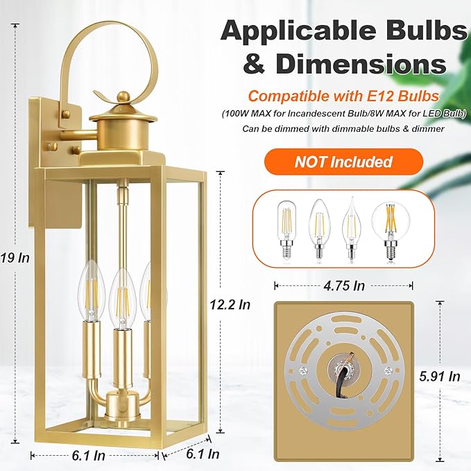 19'' Large Outdoor Wall Lantern Gold Waterproof Outside Wall Sconce Lights for House Anti-Rust Exterior Lighting Fxitures with Clear Glass Shade for Front Porch Garage Patio 1-Pack