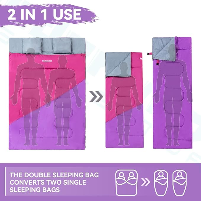 Double Sleeping Bag for Adults Kids - Lightweight 2 Person Sleeping Bag with Pillow Queen Size Waterproof Camping Sack Two Person for Girls Boys Youths Teens Compact for Cold Weather &amp Warm