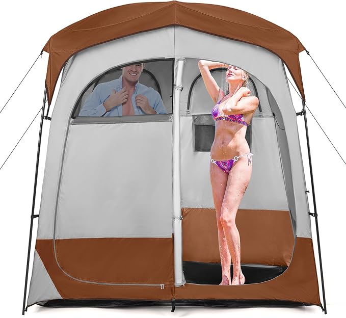 LDAILY Camping Shower Tent 2 Room Instant Privacy Tent with Floor Removable Rain Cover Mesh Window Inside Pocket and Clothesline Portable Changing Room for Outdoor Toilet Dressing