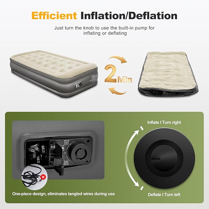 LET'S CAMP Air Mattress Camping Airbed with Electric Pump 19 Twin Inflatable 2 Minutes Quick Self-Inflation Waterproof PVC Fabric Portable for CampingTravel Home Sleeping Outdoor Guests RV