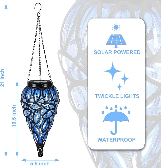 Solar Hanging Lantern Outdoor Lights Tear-Shaped 15 LEDs Cool White Hanging Lights with S Hooks Decor in Garden Yard Pathway Front Door and Landscape
