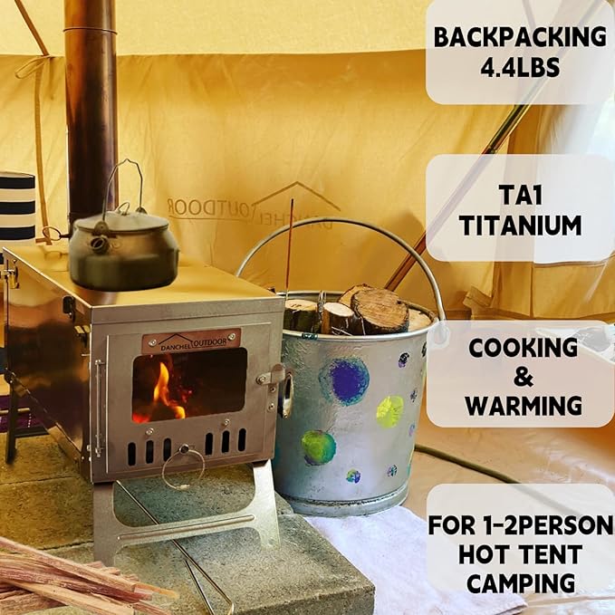 DANCHEL OUTDOOR T6 Ultralight Titanium Wood Stove for Camping Backpacking 4.4lbs Folding Hot Tent Stove with 7.2ft Chimney Pipe Easy Setup for 1 Person Winter Survival Cooking