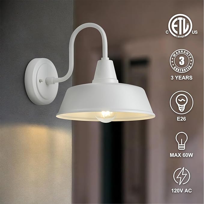 10 Inch Gooseneck Outdoor Wall Light Fixtures for Barn White Exterior Farmhouse Lighting with Wall Mount Barn Style Wall Sconce Lights for Porch Garage House