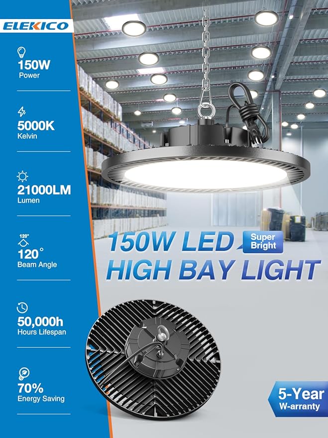Super Bright 21000lm 5000k 150w 10 Pack UFO Led High Bay Shop Lights with 5'Cable 3-Pin Plug Hook Safe Rope for Garage Factory Warehouse Workshop Barn