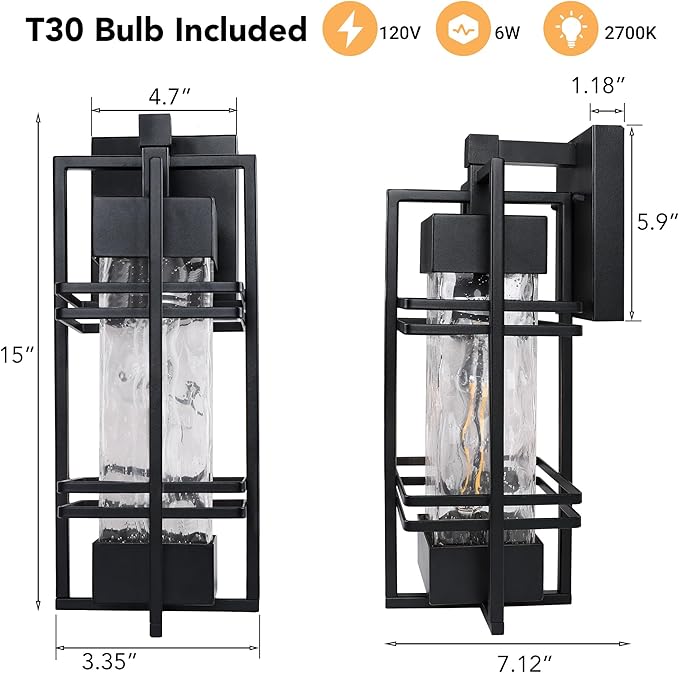 Outdoor Front Porch Light Fixtures Wall Mount Water Ripple Outdoor Wall Lantern2 Pack Black Exterior Lighting Fixtures Waterproof Sconce Lights Outside Lantern Lamp for Garage(Bulb Included)