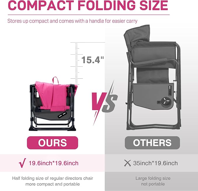 EVER ADVANCED Camping Directors' Chair with Side Table Portable Folding with Compact Size Heavy Duty Lawn Chair with Pocket for Camping Lawn Sports and Fishing 400lbs Pink