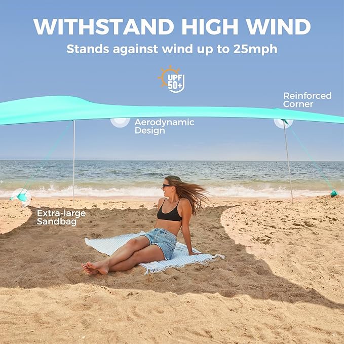 WEKAPO Beach Tent Sun Shelter - Easy Setup Beach Canopy with 4 Sturdy Poles Large Sandbags and Shovel 6'7'' Tall Windproof Sun Shade for Backyard and Camping UPF 50+ Protection