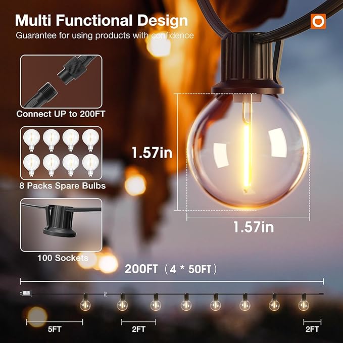 addlon 200FT Outdoor String Lights G40 with Remote Control Dimmable Patio Globe LED 108 Bulbs Waterproof Shatterproof Hanging Outside Lighting for Backyard Garden Deck Balcony Porch Café Bristo