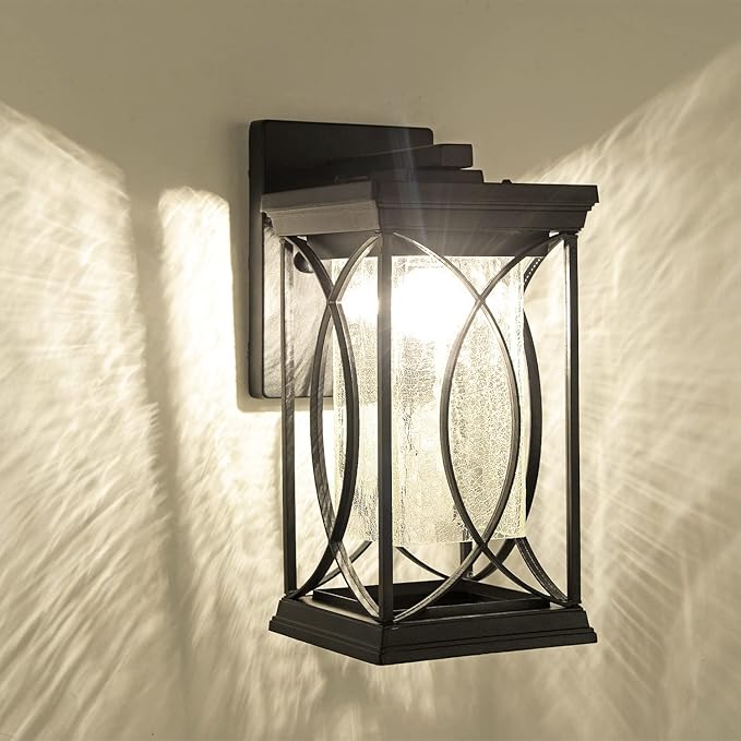 Dusk to Dawn Modern Outdoor Coach Lantern Exterior Light Fixtures Black Aluminum with Crack-Like Glass Waterproof Wall Sconce Mission Outside Light for House Front Porch Lighting