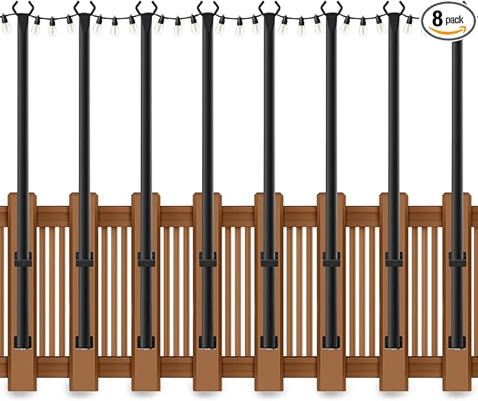 8 Pack 5 Ft String Light Poles String Light Poles for Outside with Fixing ClipsMetal Poles for Outdoor String Lights Hanging Light Poles for Deck Fence Garden Backyard Wall Bistro
