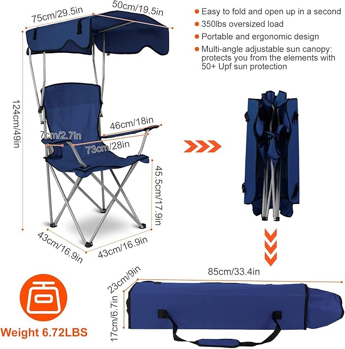 Camping Chair with Canopy Outdoor Folding Lounge Chair with Adjustable UPF 50+ Sun Shade &amp Cup Holder Portable Camping Recliner for Camp Beach Outdoor Sports 350LB Max Support - U.S Spot