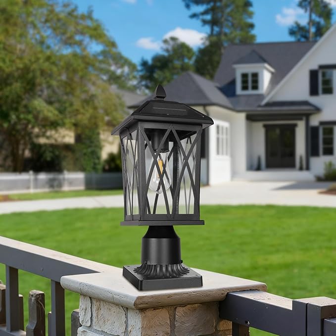 Treekee Solar Outdoor Post Light Black Rustic Outside Pillar Lantern with Clear Glass Waterproof LED Solar Powered Lamp for Patio Garden Pathway Porch Garage Fence (Bulb Included)