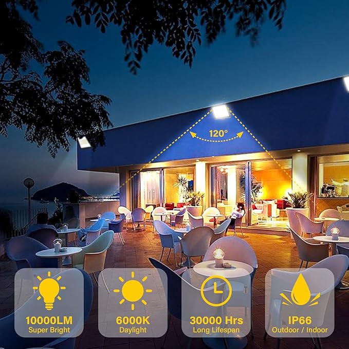 Willpower Outdoor LED Floodlights 2pcs 100W 10000LM IP66 Waterproof Security Lights Daylight White 6500K Wall Light for Garden Garage Yard Lawn Court Patio