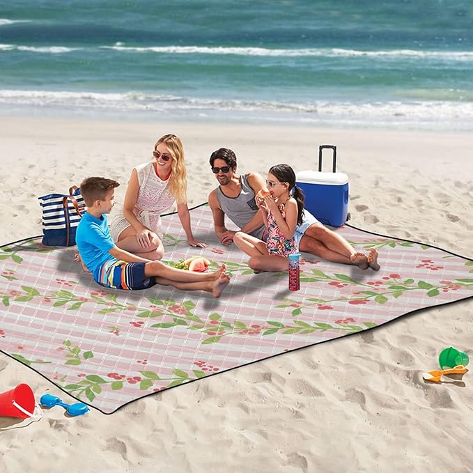 KLL Pink Green Stripe Pattern with Flowers Waterproof Beach Mat Cute Picnic Picnic Accessories Outdoor for 8 To 10 Adults Summer Gift cojines para picnic