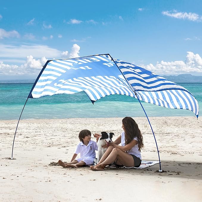 Beach Wind-Powered Shade Canopy Portable Sun Shelter Tent UPF 50+ UV Protection Lightweight Easy Set Up 78 Sq. Ft. of Shade for 1-3 People.Lite Regatta Manta Rays Stripe