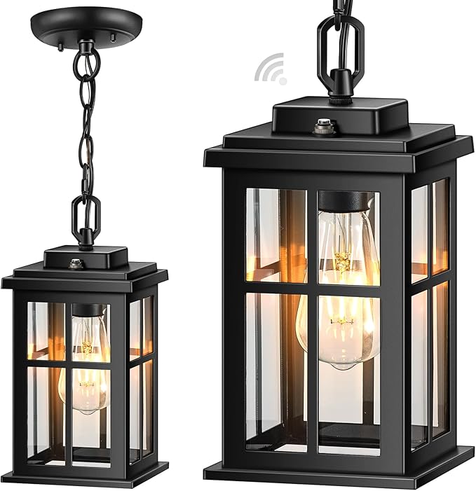Black Dusk to Dawn Outdoor Pendant Light Modern Hanging Light Fixture with Tempered Glass Waterproof Exterior Ceiling Lights for Patio Porch House Anti-Rust Aluminum Adjustable Chain