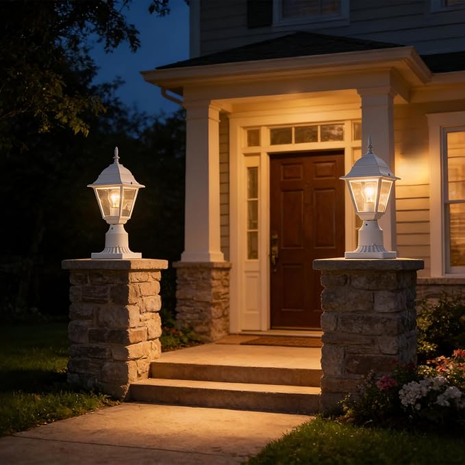 Outdoor Post Lights 2 Pack Dusk to Dawn with Photocell Waterproof Exterior Post Light Fixture 5.9” Pier Mount Base White Aluminum Post Lantern with Clear Glass