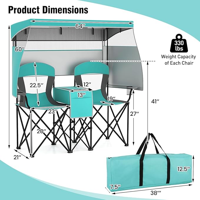 S AFSTAR Camping Chair with Canopy 2-Person Folding Beach Chair with Cup Holders 3-Side Shading Curtains &amp Cooler Bag Foldable Loveseat Lawn Chair for Camping Outdoor &amp Fishing (Turquoise)