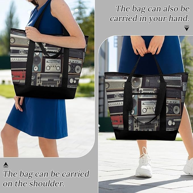 Insulated Shopping BagLarge Reusable Cooler Bags Vintage Wall of Radio Boombox Printed Foldable Shopping BagTravel Waterproof Shoulder Bag