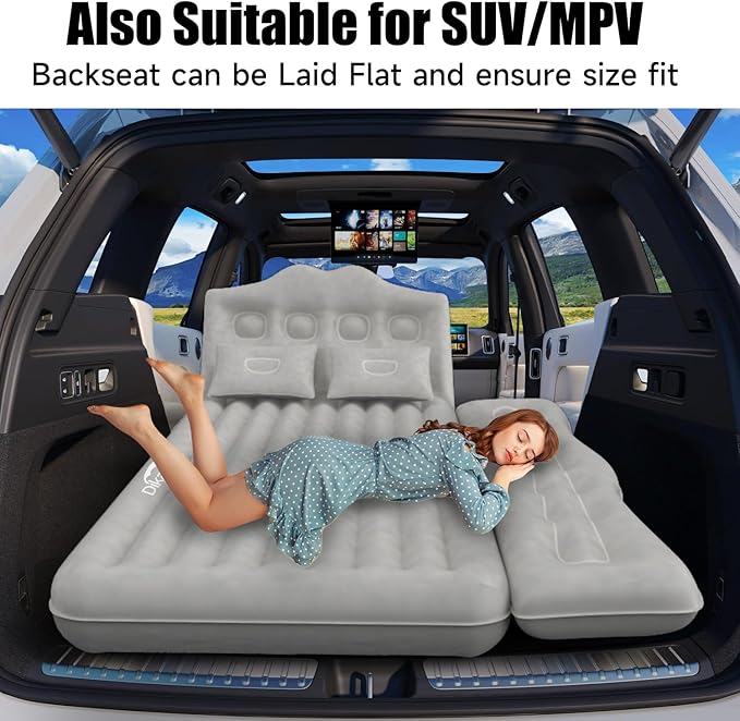 Car Air Mattress Inflatable SUV Truck Car Camping Mattress for Back Seat Thickened Travel Car Bed Sleeping Pad with Car Air Pump 2 Pillows (Grey)