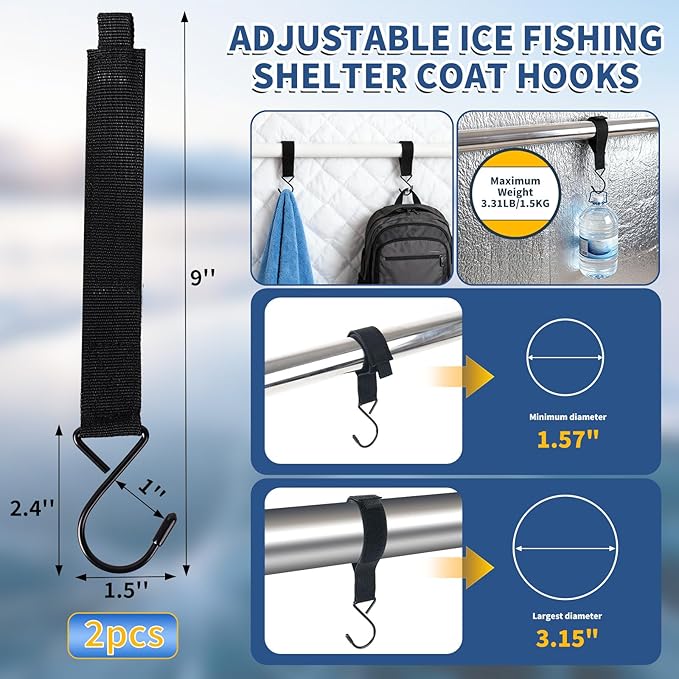 Heavy Duty Ice Anchor Drill Adapter Tool Kit 19Pcs Stainless Steel Tent Stakes Set with 13FT Ratchet Ropes Tent Hooks Canvas Bag for Ice Fishing Shelter Setup (8Pcs Tent Stakes+6Pcs Rope Roller)