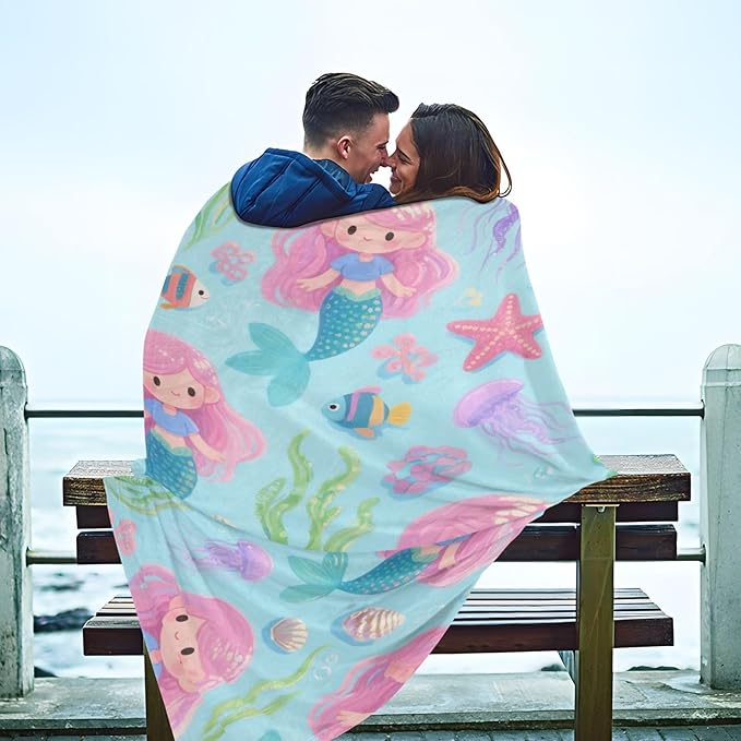 Throw Over Blanket Cute and Cartoonish Pink Mermaid Jellyfish Blanket Throw 50x70 Inches