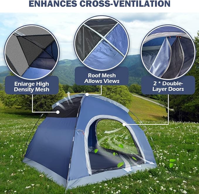 3 Person Tents for Camping HIKERBRO Small Dome Tent with 2 Upgraded Doors &amp Half Mesh Ceiling Waterproof 4 Person Camping Tent with Removable Rainfly 2/3/4 Person Easy Up Tents for Hiking Trave
