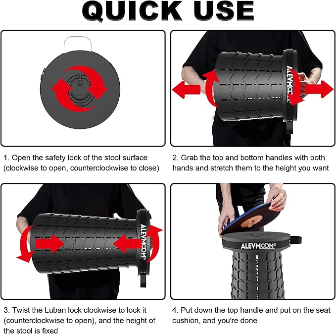 ALEVMOOM Upgraded 19.7 XXL Collapsible Stool with Cushion Portable Telescoping Stool Capacity 1000lbs Heavy Duty Retractable Folding Chair for Adults for Camping Fishing Hiking BBQ