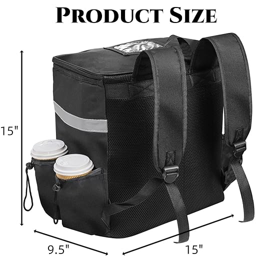 Food Delivery Backpack Insulated Reusable Pizza Delivery Bag with 4 Cup Holder Waterproof Thermal Catering Bags Reflective Strip for Delivery Bike Hot Cold Food Camping