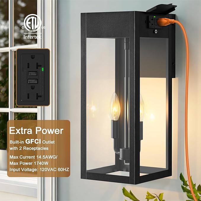 2-Pack 17.87 Extra Large Outdoor Wall Lights with GFCI Outlet Black 2-Light Porch Lights Outdoor Waterproof Exterior Lamp with E12 Sockets for House Porch Patio Garage