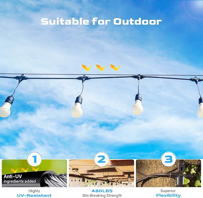 NEREUS String Light Hanging Kit with 164 Ft Vinyl Coated 304 Stainless Steel Cable String Light Suspension Kit Guide Wire with Turnbuckles and Hooks for Patio Backyard Lighting Accessories