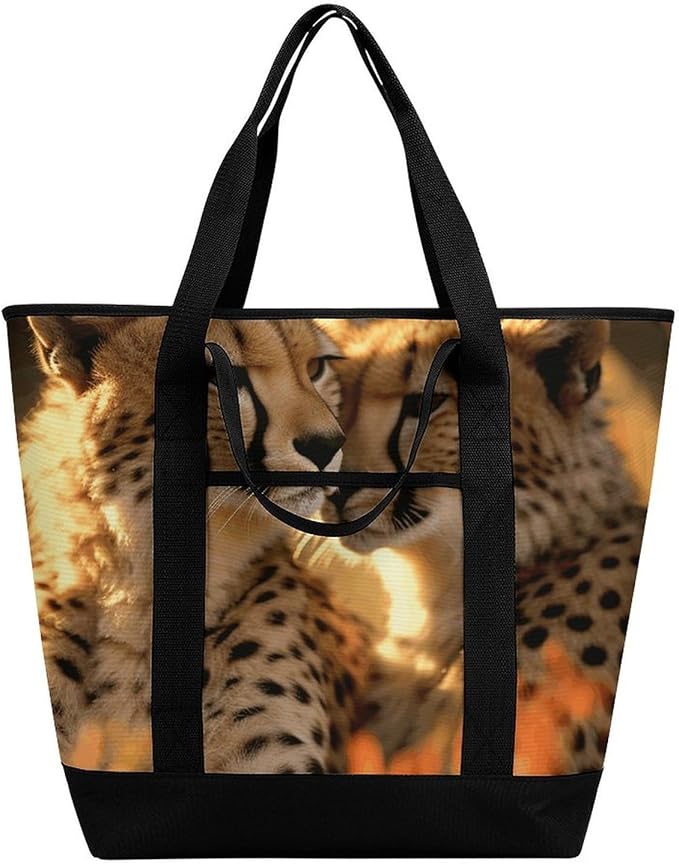 Insulated Shopping BagLarge Reusable Cooler Bags Cheetah Love Printed Foldable Shopping BagTravel Waterproof Shoulder Bag