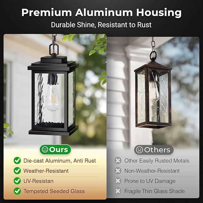 VIANIS Large Anti-Rust Outdoor Chandelier with Adjustable Wire Black Pendant Light with Water Glass for Porch GardenGarage Easy-to-Install Outdoor Hanging Lantern Suiting for Sloped Ceiling