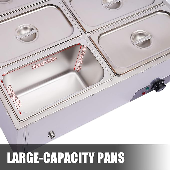 Countertop Food Warmer 850W 6-Pan Electric Steam Table 15cm/5.9inch Deep 7L Large Capacity Stainless Steel Buffet Steam Warmer for Catering and Restaurants 110V(7L / 6-Pan)