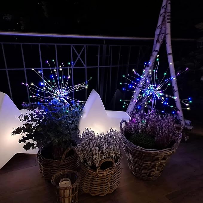 Solar Firework Lights 2Pcs Garden Lights Outdoor Waterproof 120 LED with 8 Modes Twinkling and Steady-On Festive daysStarburst Lights for Path Patio Yard (Colorful)