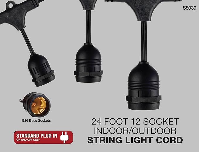 Satco S8039 Incandescent Indoor/Outdoor String Lights Black Bulbs Not Included 24 Feet (Pack of 1)