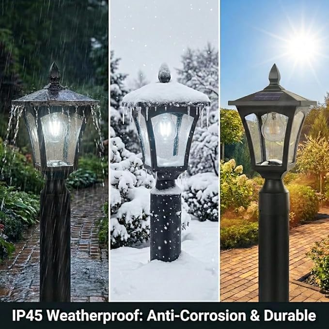 Outdoor Solar Lamp Post Light with Glass Shade &amp Pier Mount Base IP45 Waterproof Dusk to Dawn Solar Post Lantern Cool White for Driveway Path Garage Gate &amp Security Lighting